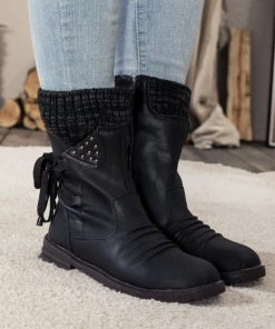YL En Bloom | Black Ruched Back Tie-Accent Flat Comfy Combat Boots New In Shoes