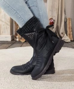 YL En Bloom | Black Ruched Back Tie-Accent Flat Comfy Combat Boots New In Shoes