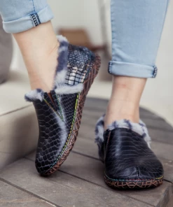 SOFFIA | Fish Scales Embossed Woolen Lined Leather Loafer - Black NEW ARRIVALS