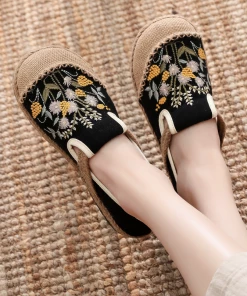 TC Cactus Rose | Field Corn Embroidered Linen Round Toe Espadrilles Loafers - Black