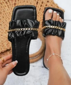 HT NEW ARRIVALS En Bloom | Black Ruffle Upper Chain Flat Sole Slide