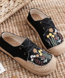 TC Cactus Rose | Garden Embroidered Linen Boat Shoes Espadrilles - Black NEW ARRIVALS
