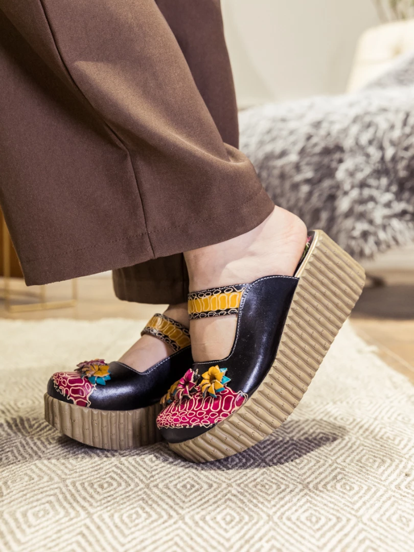 JF SOFFIA | Genuine Leather Black Ribbed-Sole Tri-Floral Appliqued Clogs 2 JF SOFFIA | Genuine Leather Black Ribbed-Sole Tri-Floral Appliqued Clogs