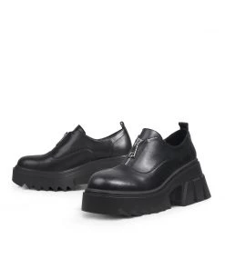 Jady Rose JadyRose | Chunky Heel Pure Zipper Genuine Leather Sneaker - Black NEW ARRIVALS