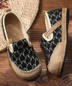 Zig Zag Stitch Linen Round Toe Espadrilles Loafers - Cactus Rose