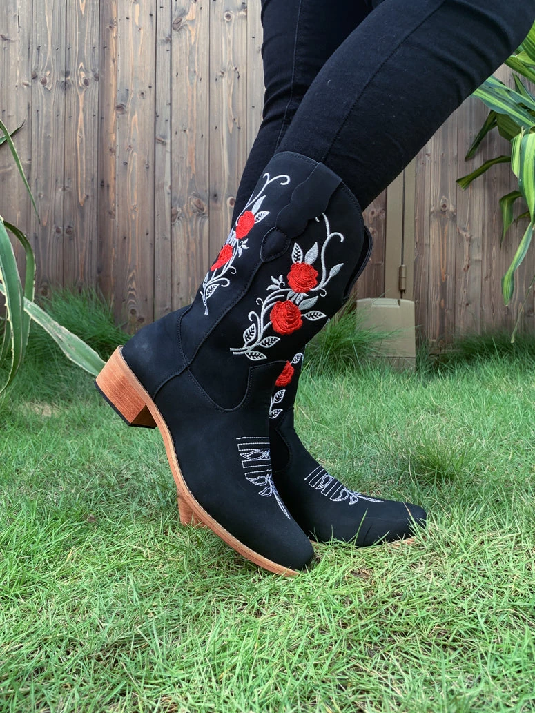 YL En Bloom | Black Rose Embroidered Floral Cowboy Heel Boots 2 YL En Bloom | Black Rose Embroidered Floral Cowboy Heel Boots