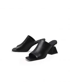 Jady Rose JadyRose | Black Triangular-Crystal Mid Heel Leather Open Toe Mules Sandals