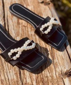 HT NEW ARRIVALS En Bloom | Black Pearl Chain Slides Flat Sandals