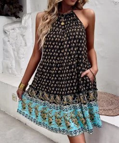 DY New In Clothing CARLYLE HALTER DRESS - BLACK PRINT