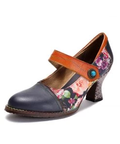 RXD SOFFIA | Genuine Leather Floral Kona Mary Jane Mid HeelHeel Shoes - Black S/S 2022