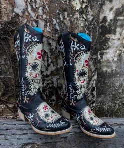 YL New In Shoes En Bloom | Floral Sugar Skull Cowboy Knee Boots - Black