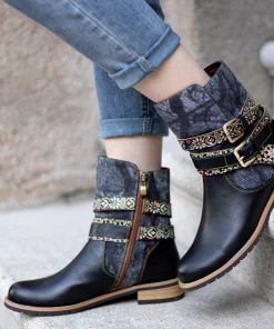 SOFFIA | Genuine Leather Gold Floral Embossed Strap Moto Boots