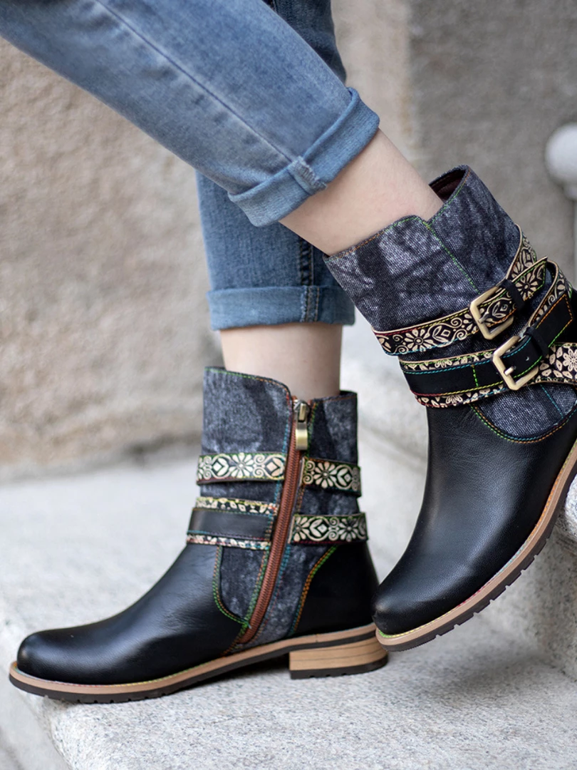 SOFFIA | Genuine Leather Gold Floral Embossed Strap Moto Boots 2 SOFFIA | Genuine Leather Gold Floral Embossed Strap Moto Boots