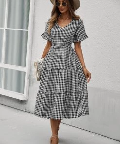 DY New In Clothing SHASTA Gingham Midi Dress - Black