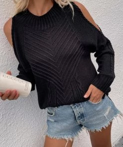 MY Smaibulun | Black Shoulder Cut-Out Knit Sweater