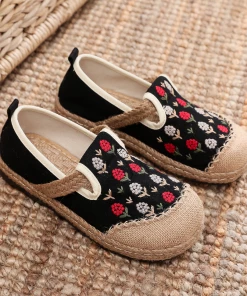 TC Cactus Rose | Berry Blossom Embroidered Linen Espadrilles - Black NEW ARRIVALS