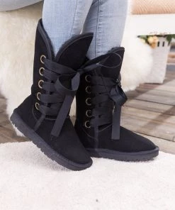 XH SMAIBULUN UGG™ | Black Ribbon Lace-Up Faux Fur-Lined Suede Boots New In Shoes