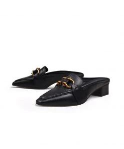 Jady Rose JadyRose | Genuine Leather Golden Lock Chain Mules Sandals - Black NEW ARRIVALS