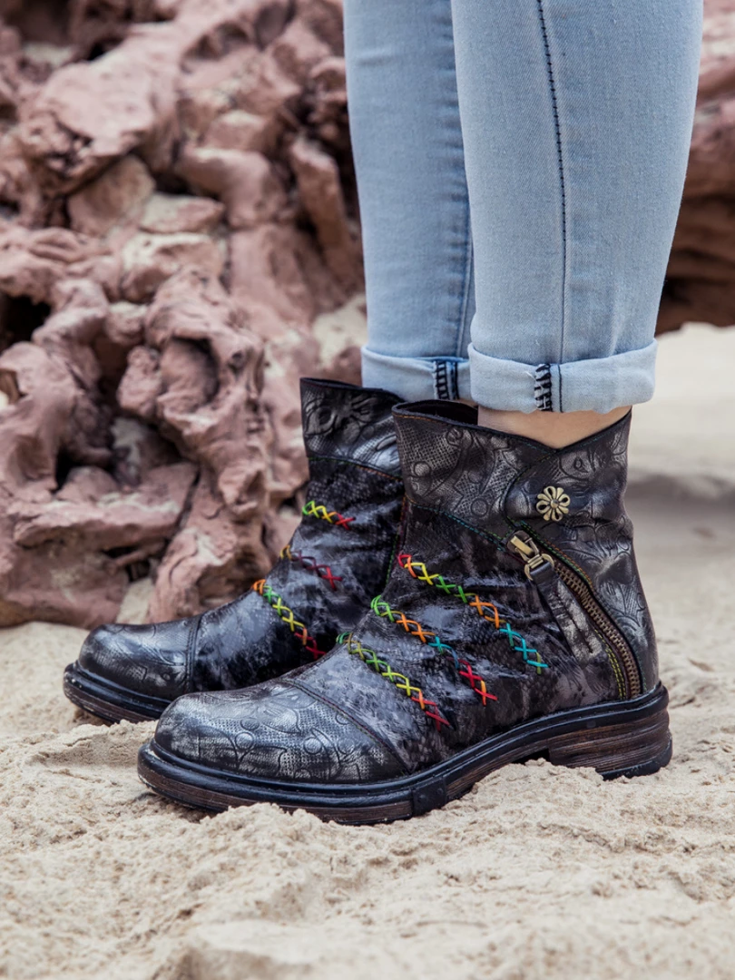 SOFFIA | Genuine Leather Rainbow Stitch Floral Embossed Ankle Boots NEW ARRIVALS 2 SOFFIA | Genuine Leather Rainbow Stitch Floral Embossed Ankle Boots NEW ARRIVALS