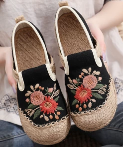 TC Cactus Rose | Double Kiss Floral Embroidered Linen Espadrilles - Black NEW ARRIVALS
