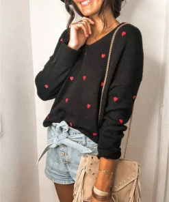 MY Smaibulun | Valentine Hearts Low V Neck Knit Sweater - Black NEW ARRIVALS