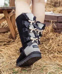 XH NEW ARRIVALS SMAIBULUN UGG™ | Back Rhinestone & Ribbon Tri-Tie Bow Black Suede Boots