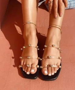 HT En Bloom | Black Rhinestone Deco Strap Flat Sandals Slides