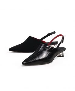 Jady Rose New In Shoes JadyRose | Strap-Detail Crystal Heel Leather D'Orsay Point Toe Pumps Sandals Loafers- Black