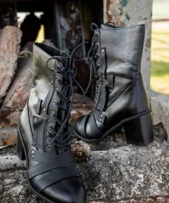 YL En Bloom | Black Patch Work Lace UpHeel Ankle Combat Boots New In Shoes