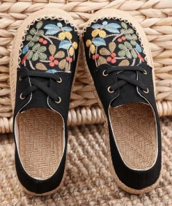 TC Cactus Rose | Playground Embroidered Linen Boat Shoes - Black NEW ARRIVALS