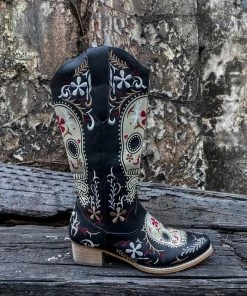YL New In Shoes En Bloom | Floral Sugar Skull Cowboy Knee Boots - Black