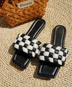 HT En Bloom | NADINA BLACK WHITE CHECK BRAIDED SLIDES Flat Sandals NEW ARRIVALS