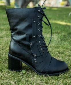 YL En Bloom | Black Patch Work Lace UpHeel Ankle Combat Boots New In Shoes
