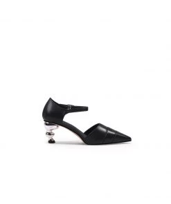 Jady Rose JadyRose | Smiley Patterned Detail Belted Women's Mid Heeled Point Toe Sling Back Pumps Sandals - Black S/S 2022