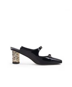 Jady Rose JadyRose | Bar-Accent Golden Mid Heel Leather Mules Loafers- Black