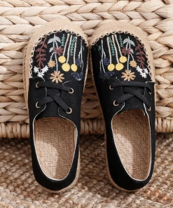 TC Cactus Rose | Garden Embroidered Linen Boat Shoes Espadrilles - Black NEW ARRIVALS
