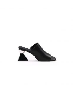Jady Rose JadyRose | Black Triangular-Crystal Mid Heel Leather Open Toe Mules Sandals