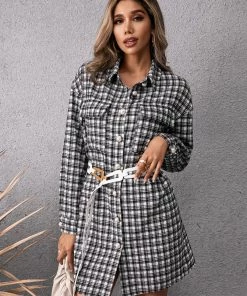 YBL Smaibulun | Black & White Plaid Tie-Waist Shirt Dress New In Clothing
