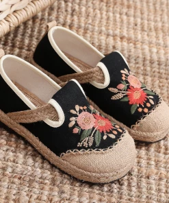 TC Cactus Rose | Double Kiss Floral Embroidered Linen Espadrilles - Black NEW ARRIVALS