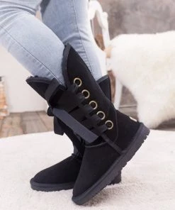 XH SMAIBULUN UGG™ | Black Ribbon Lace-Up Faux Fur-Lined Suede Boots New In Shoes