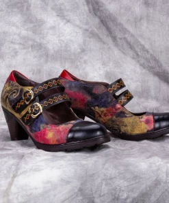 RXD New In Shoes SOFFIA | Genuine Leather; Geometric Double-Strap Heel Pumps Mary Jane Shoes - Black