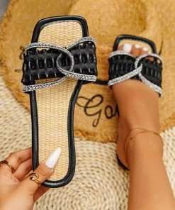 HT EN BLOOM | TWISTED RHINESTONES SLIDE BLACK New In Shoes