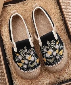 TC Cactus Rose | Field Corn Embroidered Linen Round Toe Espadrilles Loafers - Black
