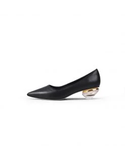 Jady Rose JadyRose | Genuine Leather Black & Crystal Bowl-Heel Pump