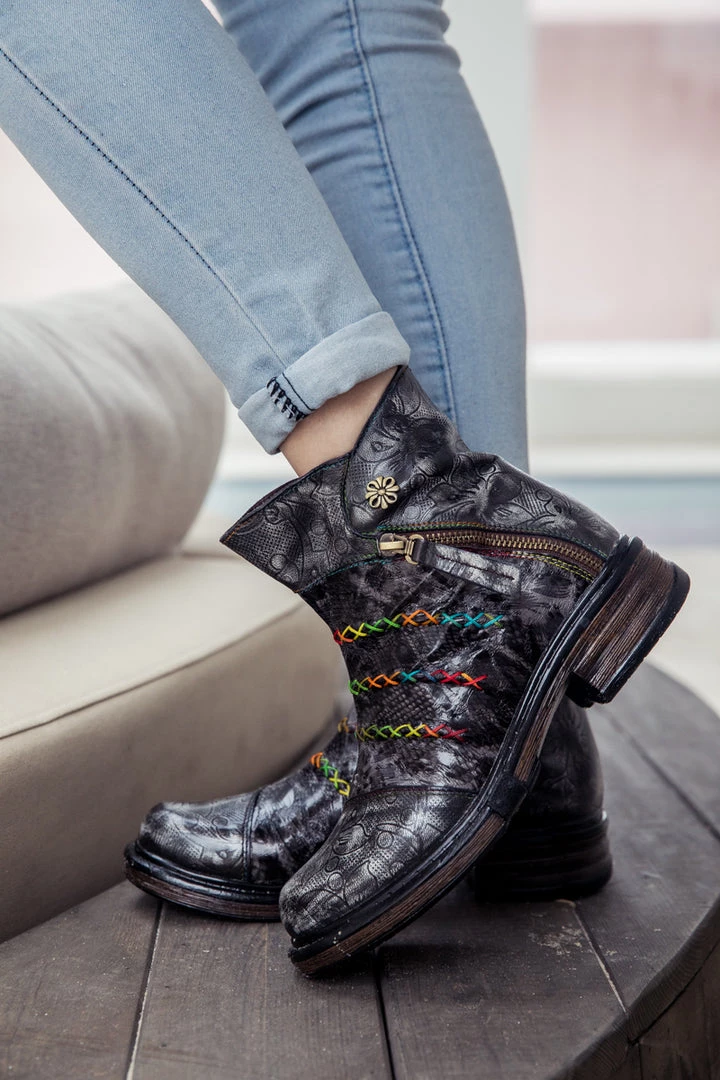 SOFFIA | Genuine Leather Rainbow Stitch Floral Embossed Ankle Boots NEW ARRIVALS 3 SOFFIA | Genuine Leather Rainbow Stitch Floral Embossed Ankle Boots NEW ARRIVALS