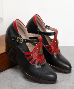 RXD NEW ARRIVALS SOFFIA | Black Genuine Leather Cut Out Vintage Mary Jane Heeled Pumps