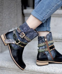 SOFFIA | Genuine Leather Gold Floral Embossed Strap Moto Boots 14 SOFFIA | Genuine Leather Gold Floral Embossed Strap Moto Boots