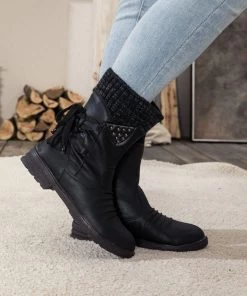 YL En Bloom | Black Ruched Back Tie-Accent Flat Comfy Combat Boots New In Shoes