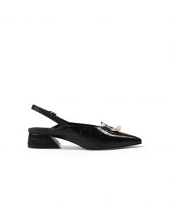 Jady Rose JadyRose | Pearl Ring Deco Croc-Embossed Leather Slingback Black