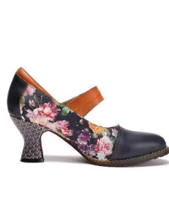RXD SOFFIA | Genuine Leather Floral Kona Mary Jane Mid HeelHeel Shoes - Black S/S 2022